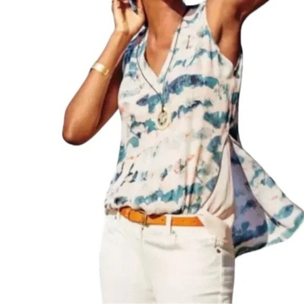 CAbi Pink/Teal "Gelato" Watercolor Sleeveless Blouse #5035 S